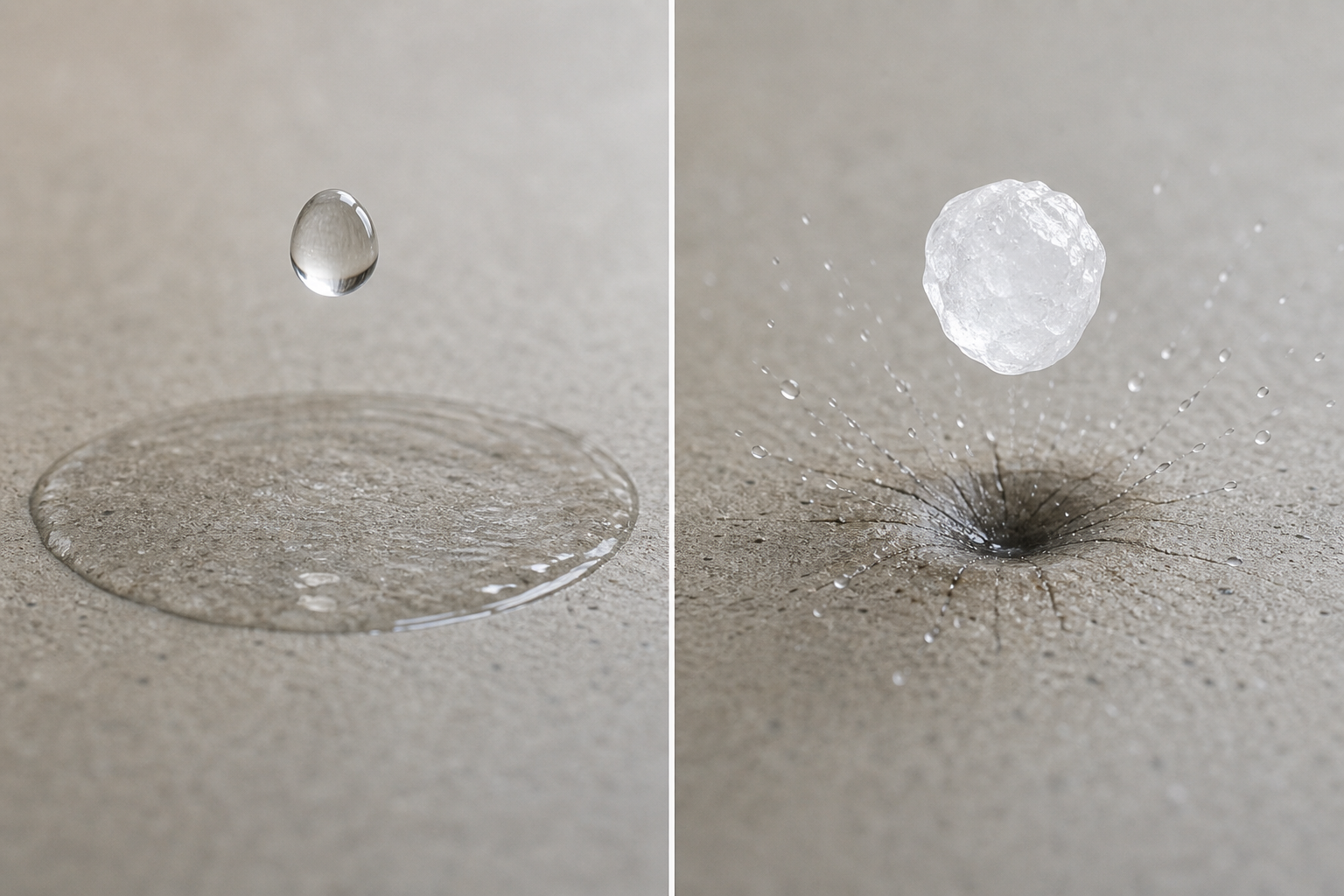 Comparison of a liquid raindrop spreading on contact and a solid hailstone concentrating impact