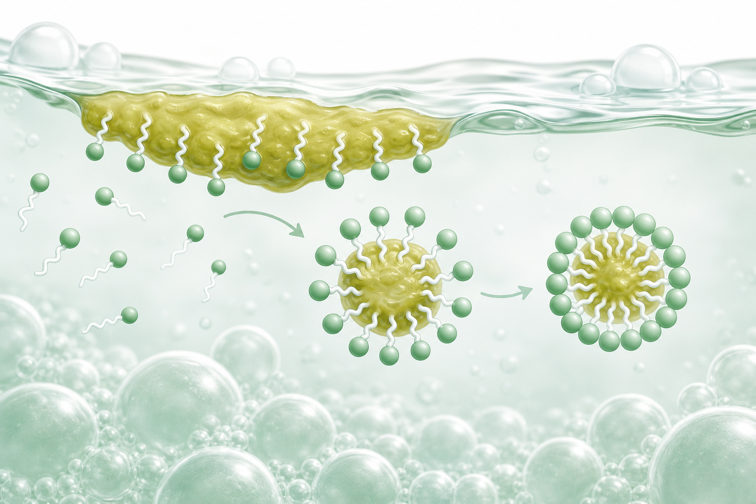 Soap interacting with grease and forming micelles.