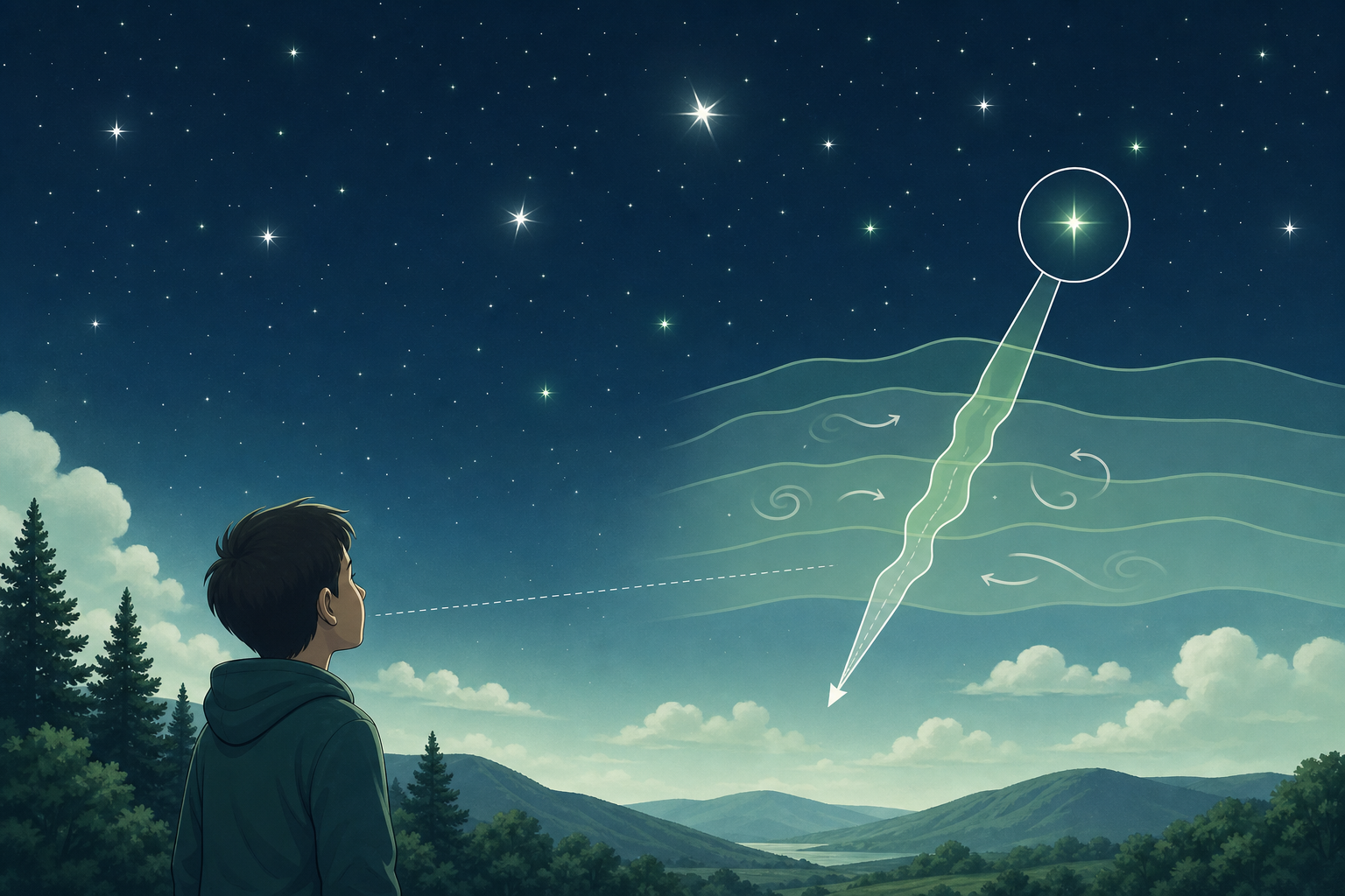 A depiction showing twinkling stars in the night sky.