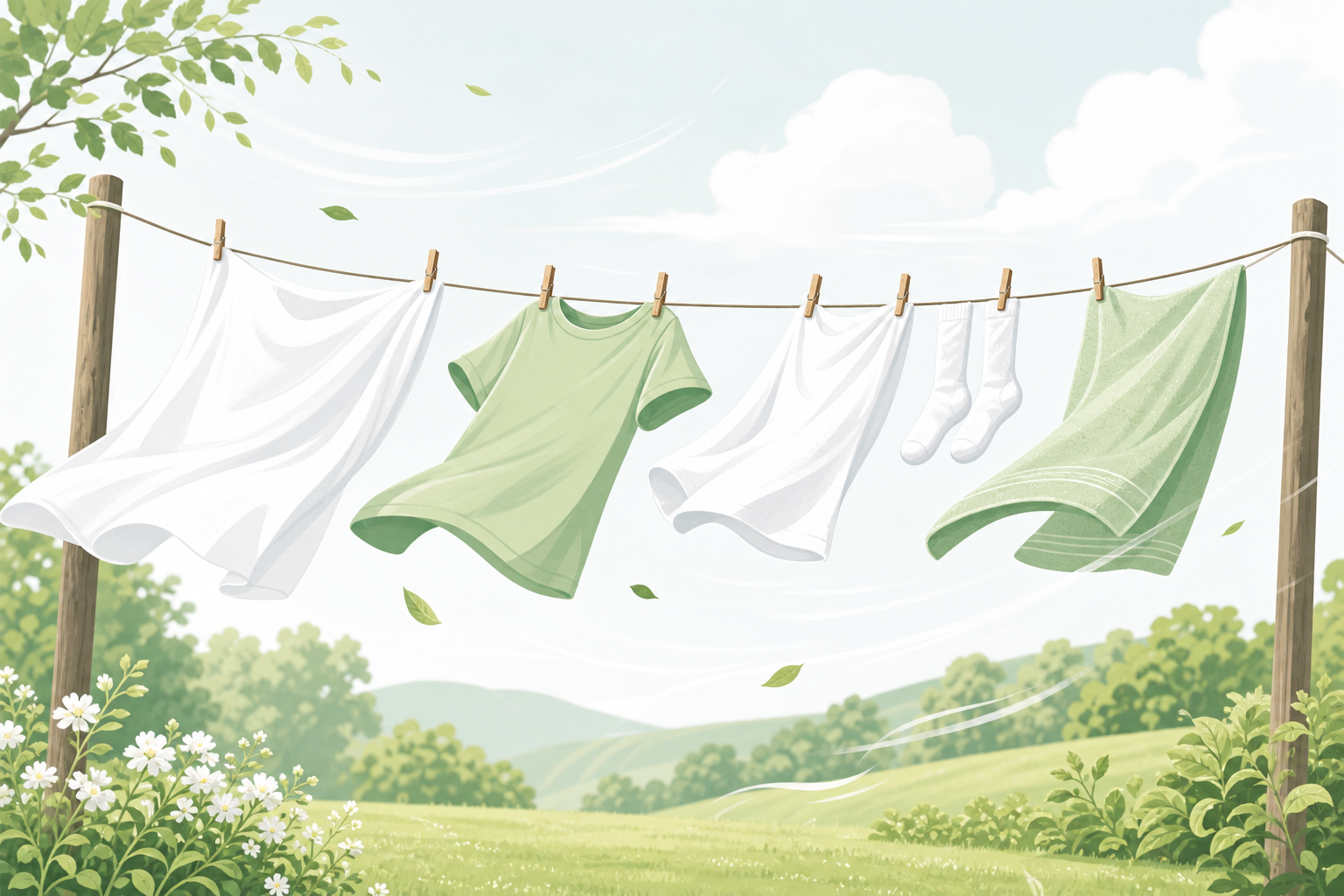 Clothes drying on a line on a windy day.
