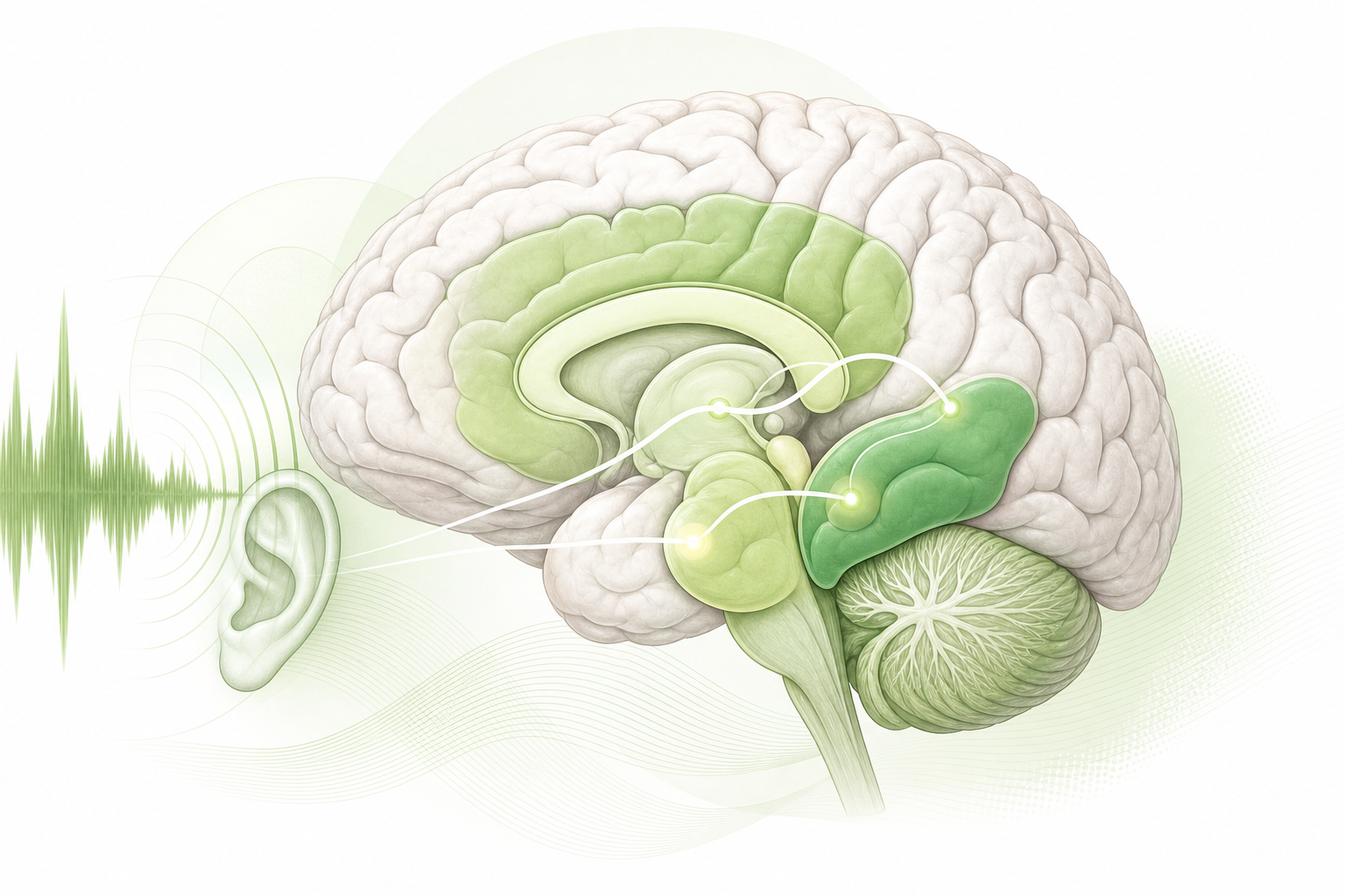 Illustration of brain regions involved in auditory processing.