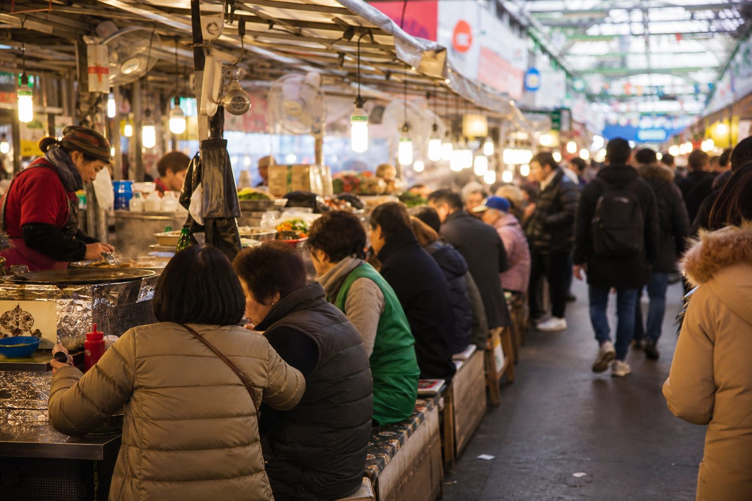 A bustling scene of Gwangjang Market filled with food stalls.