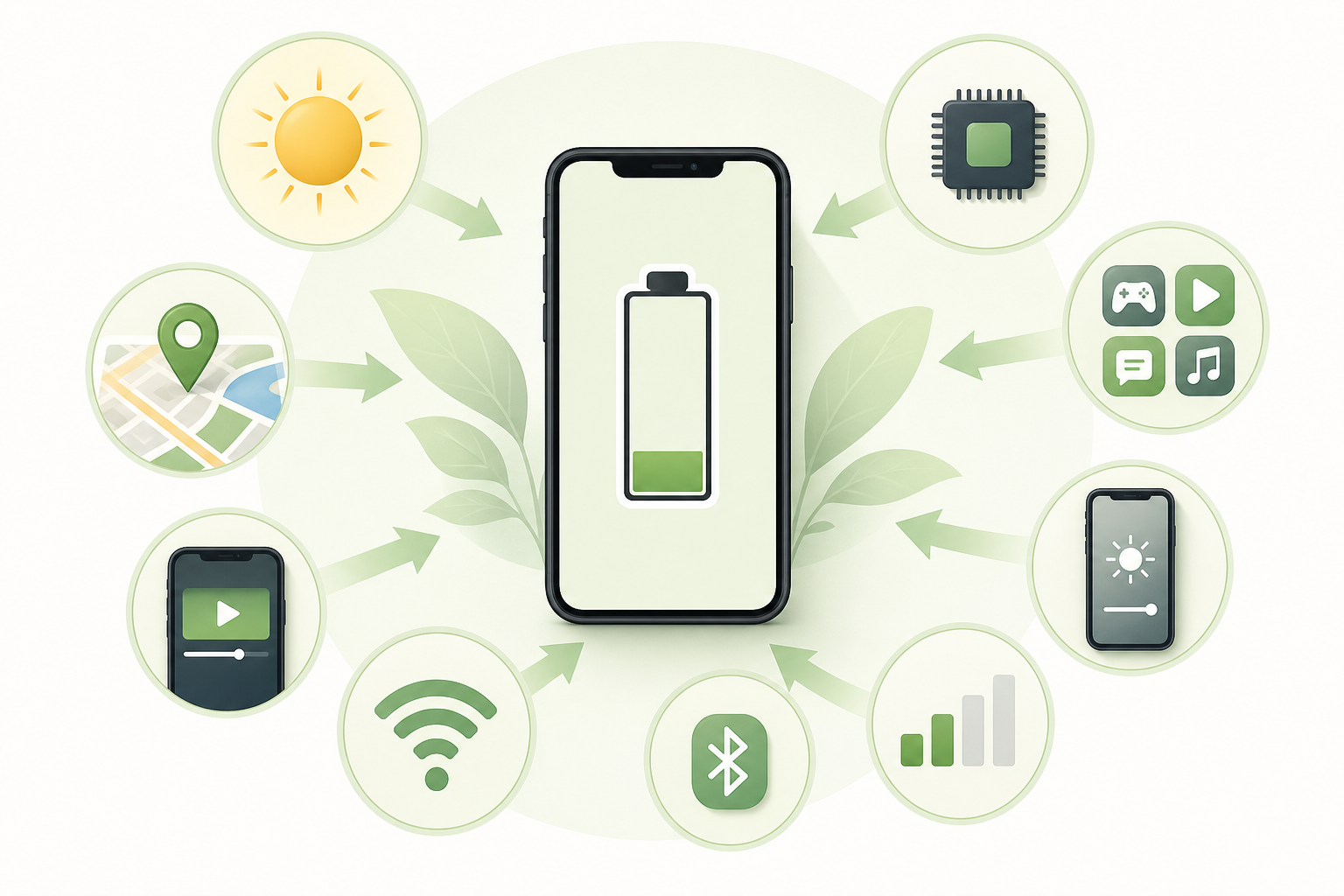 Illustration of smartphone battery drain factors.