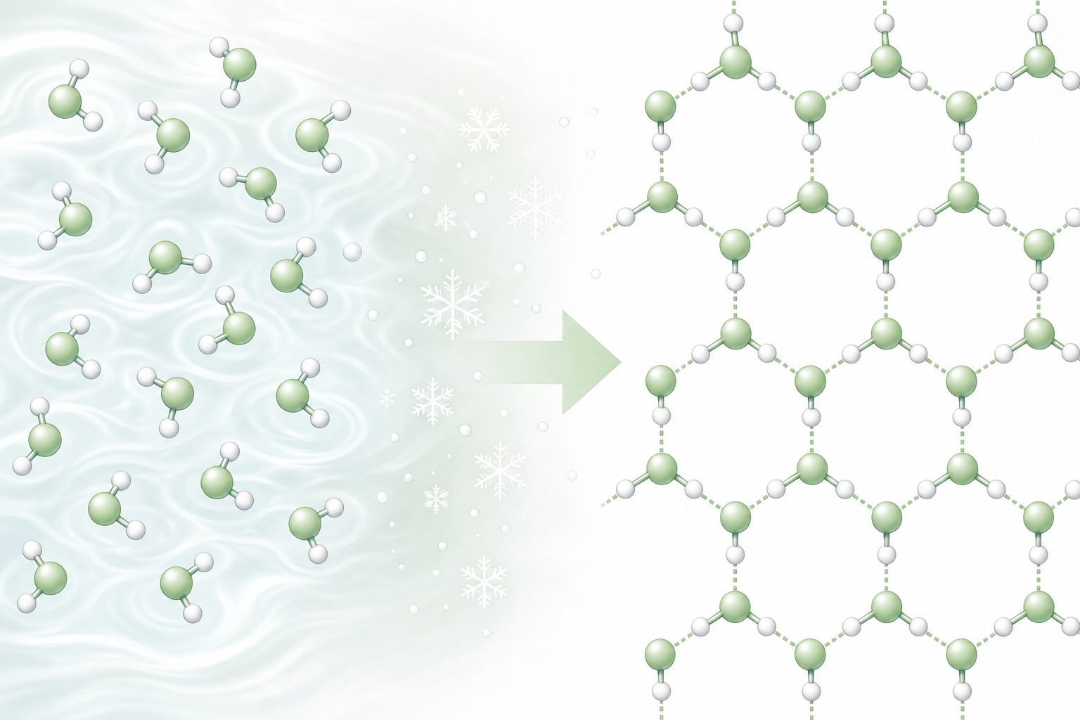 Illustration of water molecules aligning during freezing