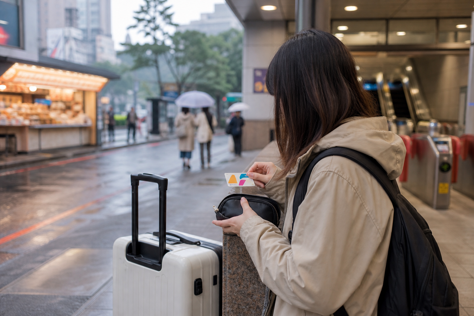 Illustration of a traveler preparing a transit card beside luggage